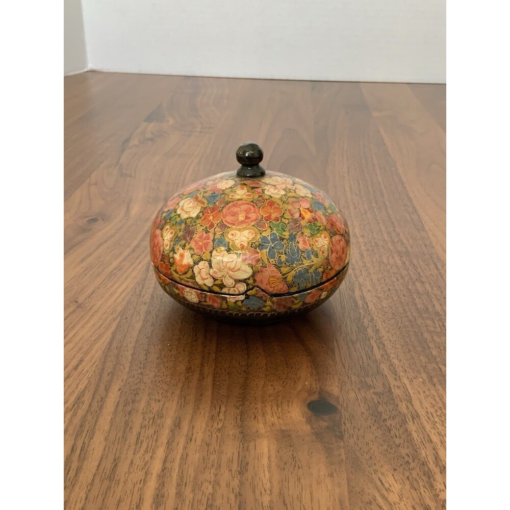 Vintage Kashmiri Papier Mache Trinket Box Hand Painted India Lacquer Hazara